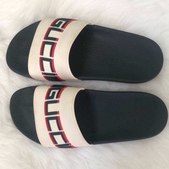 Gucci Unisex Black White Open Toe Flat Slip On Slide Sandals Authentic - Picture 5 of 10